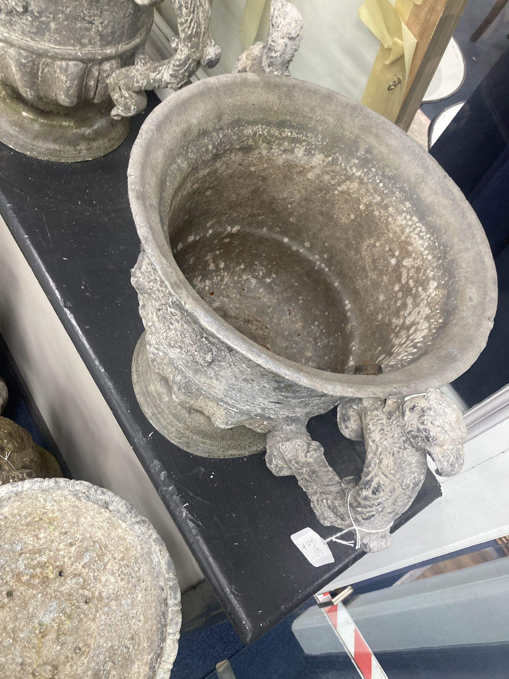 A pair of 19th century cast lead two handled garden planters, width 54cm, height 39cm